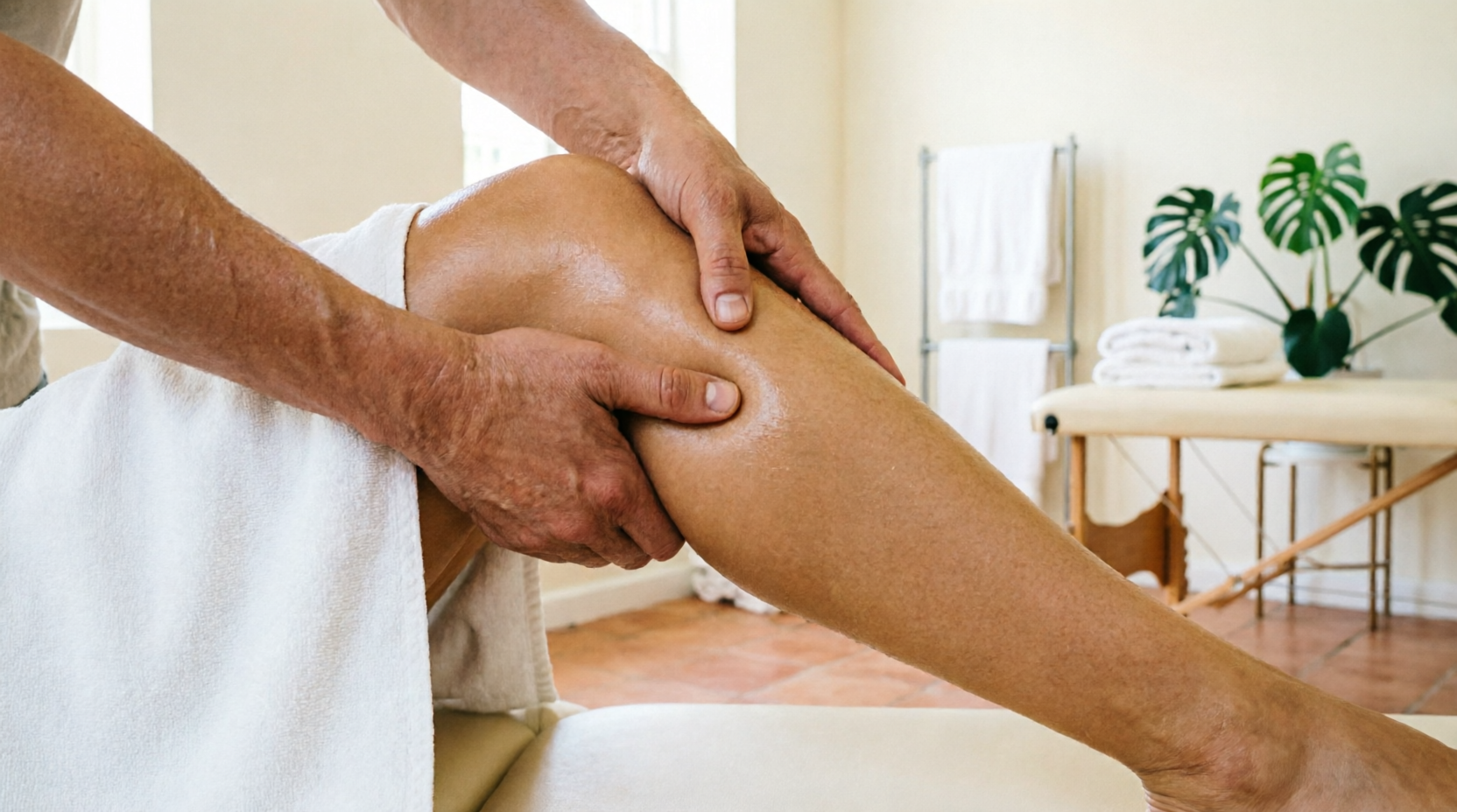 Drainage lymphatique : pompages doux et légers sur les jambes dans une salle apaisante